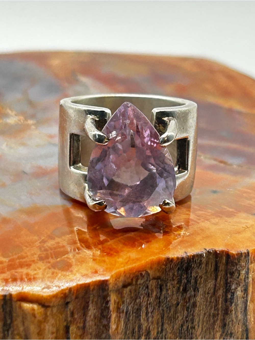Large Contemporary Pear Cut Amethyst Ring, Sterling Silver - Size 7